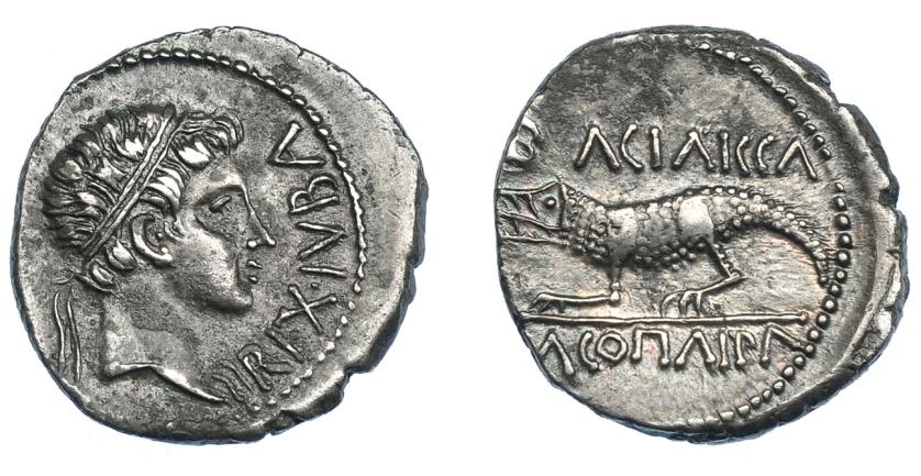 471   -  GRECIA ANTIGUA. MAURITANIA. Juba II con Cleopatra Selene. Denario (16-17 d.C.). A/ Cabeza de Juba II diademada a der.; REX IVBA. R/ Cocodrilo a izq.; KΛEOΠATΡA BA-CIΛI-CCA. AR 2,40 g. 17,6 mm. COP-592. MAA-104. Leves concreciones. EBC-/MBC+. Rara en esta conservación. Ex col. Guadán 3069. 