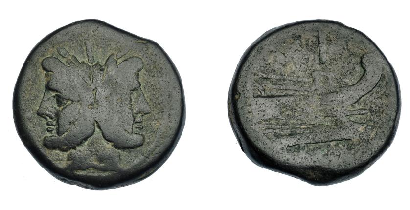 474   -  REPÚBLICA ROMANA. As. Anónimo. Roma (206-195 a.C.). R/ Encima de la proa, marca de valor, debajo ROMA. AE 35,98 g. 34,3 mm. CRAW-114.2. Pátina verde oscuro. MBC-/BC+. 