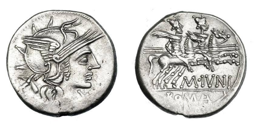 479   -  REPÚBLICA ROMANA. JUNIA. Denario. Roma (145 a.C.). R/ Ley. M. IVNI/ROMA. AR 3,87 g. 20 mm. CRAW-220.1. FFC-778. Leves vanos. EBC-.