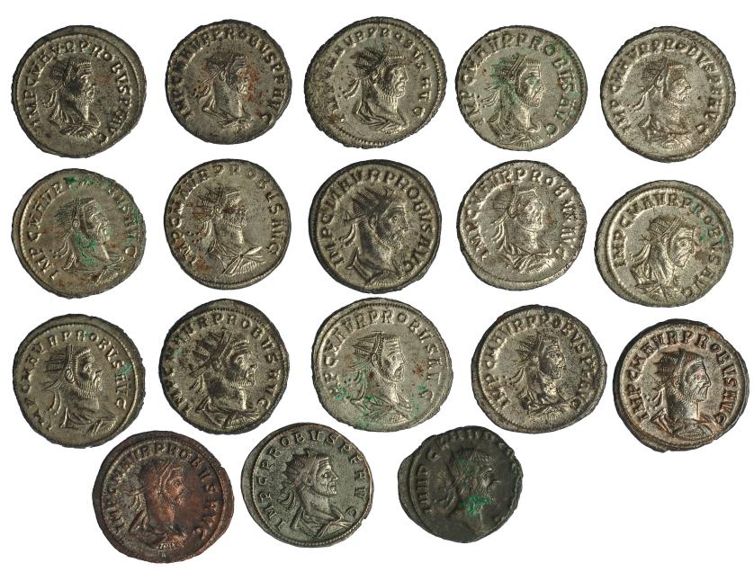 483   -  IMPERIO ROMANO. Lote 18 antoninianos: Probo (17) y Claudio II (1). La mayoría con P.O. MBC+/EBC.
