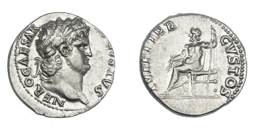 490   -  IMPERIO ROMANO. NERÓN. Denario. Roma (64-65 d.C.). A/ Cabeza laureada a der.; NERO CAESAR (AVG)VSTVS. R/ Júpiter entronizado a izq. con cetro y haz de rayos; IVPPITER CVSTOS. AR 3,53 g. 18 mm. RIC-53. EBC/EBC-. Muy escasa en esta conservación.