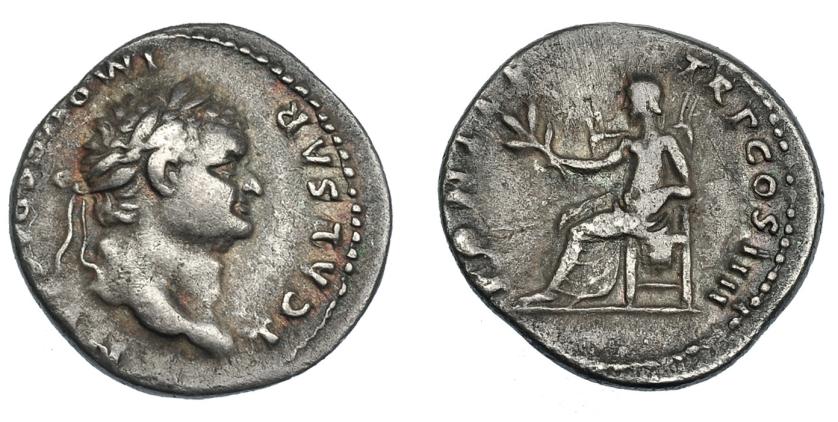 492   -  IMPERIO ROMANO. TITO. Denario. Roma (75 d.C.). A/ Cabeza laureada a der. R/ Pax sentada a izq. con rama; PONTIF TR P COS IIII. AR 3,34 g. 18,3 mm. RIC-783. MBC-. 