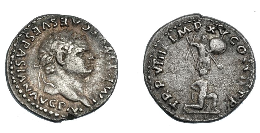 493   -  IMPERIO ROMANO. TITO. Denario. Roma (79 d.C.). A/ Busto laureado a der. R/ Trofeo, debajo cautivo arrodillado; TR P VIIII IMP XV COS VII P P. AR 3,44 g. 17,8 mm. RIC-49. Pequeña grieta. MBC/MBC-.