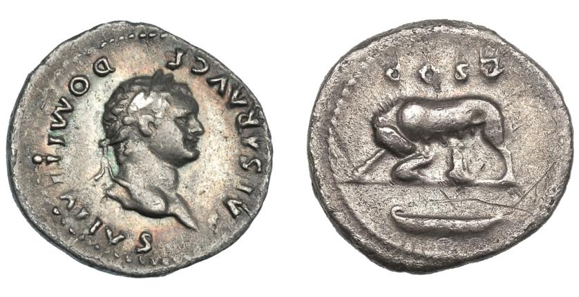 494   -  IMPERIO ROMANO. DOMICIANO. Denario. Roma (79 d.C.). A/ Busto laureado a der.; CAESAR AVG CF DOMITIANVS. R/ Loba a izq. amamantando a Rómulo y Remo; nave en exergo; COS V. AR 3,15 g. 18,5 mm. RIC-941.  MBC/MBC-.