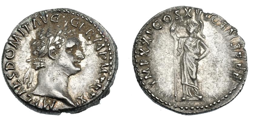 496   -  IMPERIO ROMANO. DOMICIANO. Denario. Roma (81-96 d.C.). A/ Busto laureado a der.; IMP CAES DOMIT AVG GERM P M TR P XI. R/ Minerva a izq. con lanza. IMP XXI COS XVI CENS P P P. AR 3,30 g. 19,1 mm. RIC-733. MBC+.