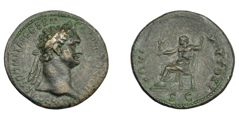 500   -  IMPERIO ROMANO. DOMICIANO. Sestercio. Roma (95-96 d.C.). A/ Busto laureado a der.; IMP CAES DOMIT AVG GERM COS XVII (CENS PER P P). R/ Júpiter sentado a izq. con Victoria y cetro; IOVI VICTORI, en exergo SC. AE 26,63. 33,5 mm. RIC-412. MBC-/MBC.