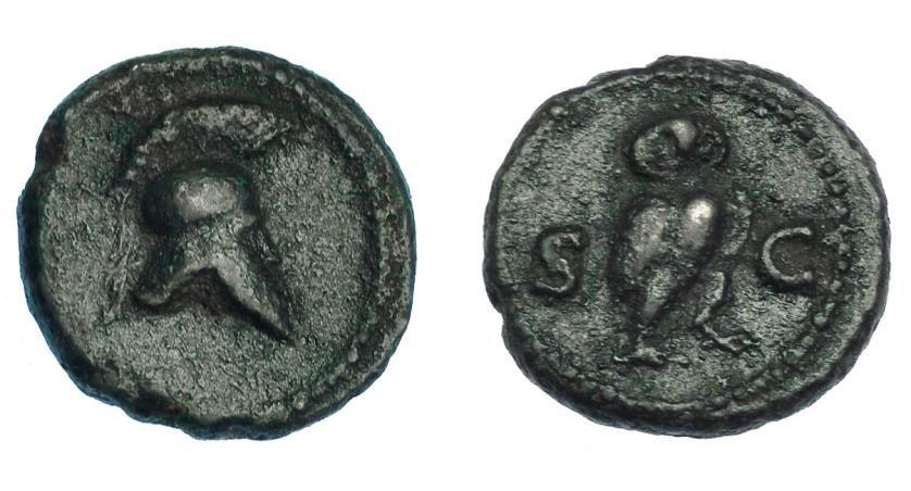 502   -  IMPERIO ROMANO. ANÓNIMO (periodo de Domiciano a Antonino Pío). Cuadrante. Roma (81-161). A/ Casco corintio a der. R/ Búho a der. con cabeza de frente, S-C. AE 3,10 g. 15,7 mm. RIC-11. Pátina oscura rugosa. MBC. Escasa.