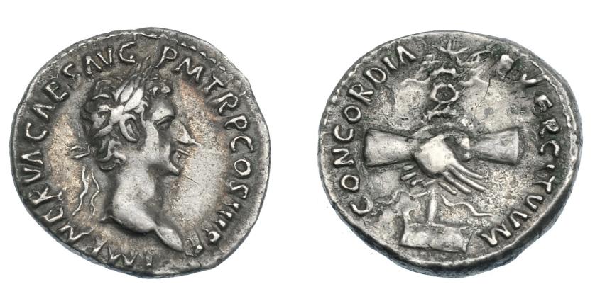 504   -  IMPERIO ROMANO. NERVA. Denario. Roma (96 d.C.). A/ Busto laureado a der.; IMP. NERVA CAES AVG PM. TR P. COS III PP. R/ Manos enlazadas portando aquila sobre proa; CONCORDIA EXERCITVM. AR 3,35 g. 17,5 mm. RIC-14. Leves oxidaciones. MBC.