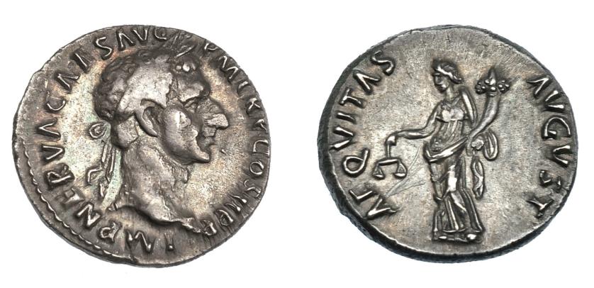 506   -  IMPERIO ROMANO. NERVA. Denario. Roma (97 d.C.). A/ Busto laureado a der.; IMP NERVA CAES AVG PM TR P COS II P P. R/ Aequitas a izq. con balanza y cornucopia; AEQVITAS AVGVST. AR 3,44 g. 17,3 mm.  RIC-25. Vano en anv. y rayitas en rev. MBC/MBC+. 