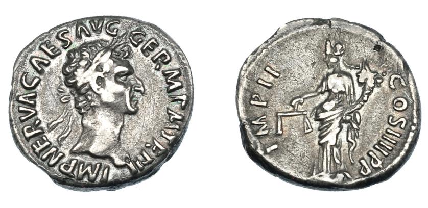 507   -  IMPERIO ROMANO. NERVA. Denario. Roma (98 d.C.). A/ Busto laureado a der.; IMP NERVA CAES AVG GERM P M TR P II. R/ Aequitas a izq. con balanza y cornucopia; IMP II  COS IIII P P. AE 3,05 g. 17,4 mm. RIC-44. Pequeñas marcas. MBC.