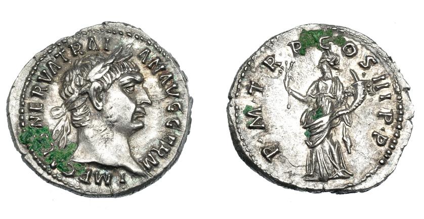 509   -  IMPERIO ROMANO. TRAJANO. Denario. Roma (100). A/ Busto laureado a der.; IMP CAES NERVA TRAIAN AVG GERM. R/ Pax  a der. con rama de olivo y cornucopia; P M TR P COS III P P. AR 3,27 g. 19,8 mm. RIC-38. Oxidaciones y pequeñas marcas. EBC-.