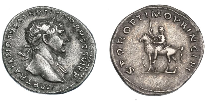 512   -  IMPERIO ROMANO. TRAJANO. Denario. Roma (112-113). A/ Busto laureado a der. y drapeado sobre el hombro izquierdo; IMP TRAIANO AVG GER DAC P M TR P COS VI P P. R/ Estatua ecuestre de Trajano a izq. con lanza y Victoria; SPQR OPTIMO PRINCIPI. AR 3,27 g. 19,6 mm. RIC-291. Finas rayitas. MBC.