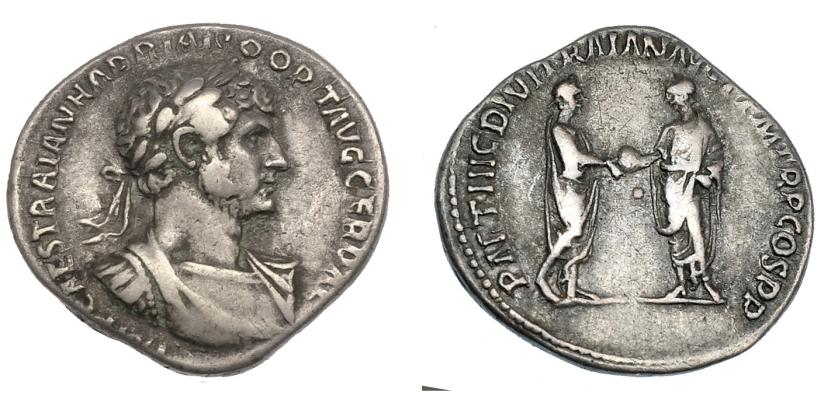 525   -  IMPERIO ROMANO. ADRIANO. Denario. Roma (117). A/ Busto laureado, drapeado y con coraza a der. R/ Trajano y Adriano afrontados con globo; PARTHIC DIVI TRAIAN AVG F P M TR P COS P P. AR 3,23 g. 18,7 mm. RIC 2c. MBC/MBC-. Venta privada en La Lonja del Almidón. Conserva sobre original. 