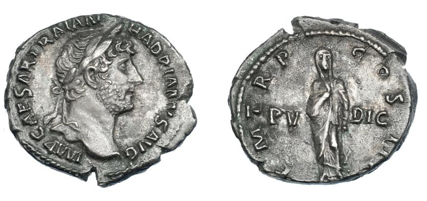 526   -  IMPERIO ROMANO. ADRIANO. Denario. Roma (119-122). A/ Busto laureado a der.; IMP CAESAR TRAIAN HADRIANVS AVG. R/ Pudicitia de frente, a los lados PV-DIC; P M TR P - COS III. AR 3,91 g. 18,4 mm. RIC 293. EBC-/MBC+. Venta privada en La Lonja del Almidón. Conserva sobre original. 