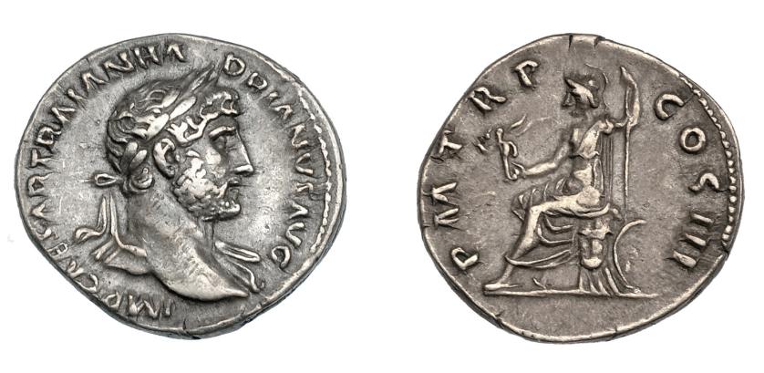 530   -  IMPERIO ROMANO. ADRIANO. Denario. Roma (119-122). A/ Busto a der.  laureado y drapeado sobre el hombro izq.; IMP CAESAR TRAIAN HADRIANVS AVG. R/ Roma sentada a izq. con Victoria y lanza; P M TR P COS III. AR 3,16 g. 18,7 mm. RIC-542. MBC. Venta privada en La Lonja del Almidón. Conserva sobre original. 