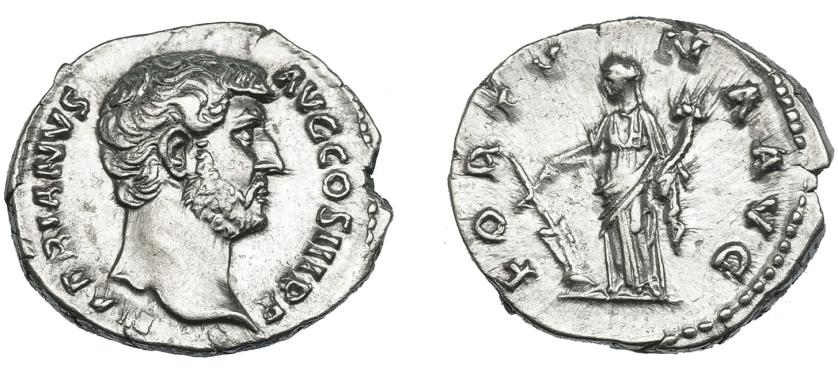 535   -  IMPERIO ROMANO. ADRIANO. Denario. Roma (137-138). A/ Cabeza a der.; HADRIANVS AVG COS III P P. R/ Fortuna a izq. con timón y cornucopia; FORTVNA AVG. AR 3,27 g. 18,9 mm. RIC-2335. EBC/EBC-.