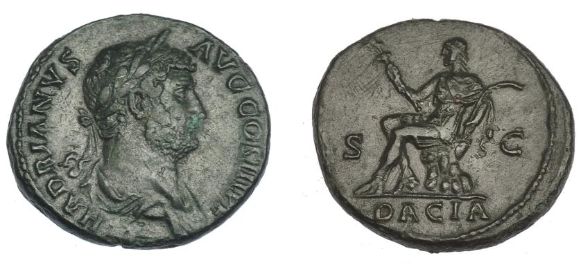 548   -  IMPERIO ROMANO. ADRIANO. As. Roma (134-138). A/ Busto laureado y drapeado a der. R / Dacia sentada sobre roca a izq. con vexillum y espada curva; S C, en exergo DACIA. AE 10,19 g. 27,1 mm. RIC-850. Punto de óxido en anv. y rayitas en rev. Pátina verde oscuro. MBC.