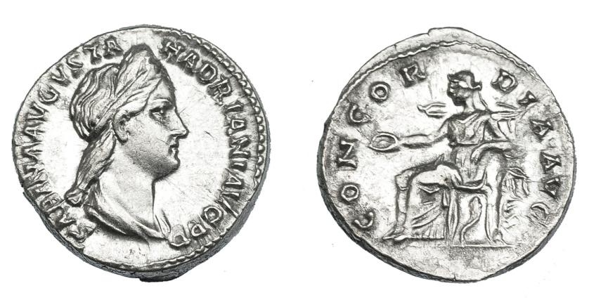 549   -  IMPERIO ROMANO.  SABINA. Denario. Roma (130-133). A/ Cabeza diademada y drapeada a der.; SABINA AVGVSTA HADRIANI AVG P P. R/ Concordia entronizada a izq. con pátera y apoyando codo en figura de Spes, bajo el trono cornucopia; CONCORDIA AVG. AR 3,37 g. 17,1 mm. RIC-2501. EBC-.