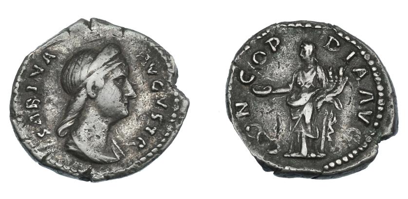 550   -  IMPERIO ROMANO. SABINA. Denario. Roma (134-136). A/ Busto diademado y drapeado a der.; SABINA AVGVSTA. R/ Concordia a izq. con pátera y cornucopia; CONCORDIA AVG. AR 3,17 g. 18,5 mm. RIC-2570. MBC-/MBC. Venta privada en La Lonja del Almidón. Conserva sobre original. 