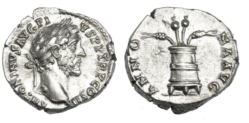 554   -  IMPERIO ROMANO. ANTONINO PÍO. Denario. Roma (140-143). A/ Cabeza laureada a der.; ANTONINVS AVG P P TR P COS III. R/ Modio con espigas y amapolas; ANNONA AVG. AR 3,51 g. 16,9 mm. RIC-62A. EBC/EBC+.