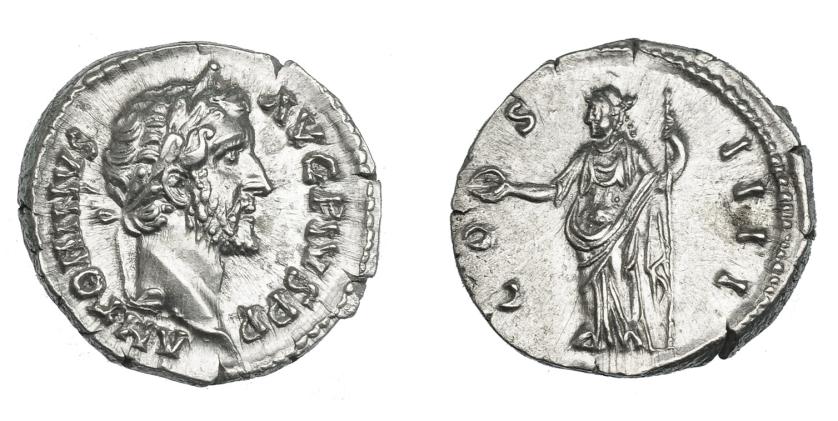 555   -  IMPERIO ROMANO. ANTONINO PÍO. Denario. Roma (145-161). A/ Cabeza laureada a der.; ANTONINVS AVG PIVS P P. R/ Concordia a izq. con pátera y cetro; COS IIII. AR 3,60 g. 18 mm. RIC-129. EBC+/EBC.