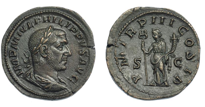 562   -  IMPERIO ROMANO. FILIPO I. Sestercio. Roma (246). A/ Busto laureado y drapeado a der.; IMP M IVL PHILIPPVS. R/ Felicitas a izq. con caduceo y cornucopia; P M TR P III COS P P, S-C. AE 21,13 g. 31,8 mm. RIC-149a. Cospel abierto. Pátina marrón. EBC+.