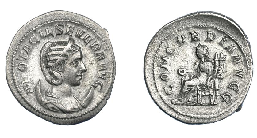 563   -  IMPERIO ROMANO. OTACILIA SEVERA. Antoniniano. Roma (146-148). R/ Concordia sentada a izq. con pátera y doble cornucopia; CONCORDIA AVGG. AR 4,02 g. 24,2 mm. RIC-125c. MBC+/MBC.