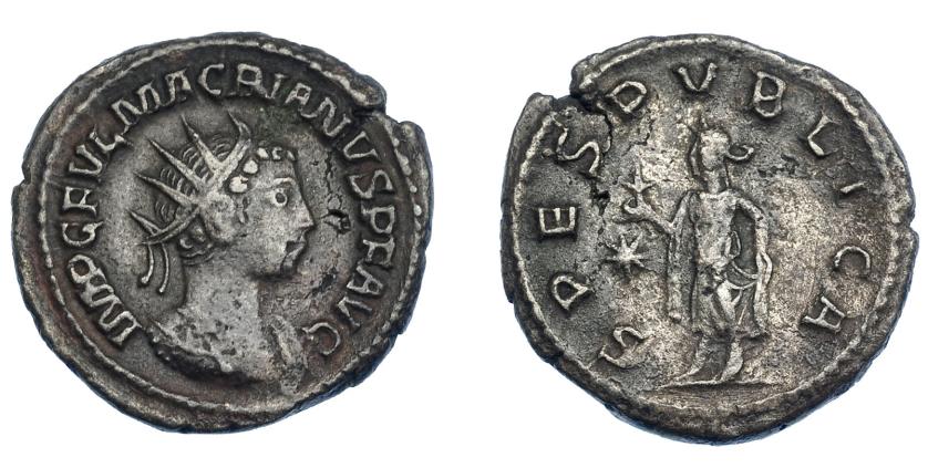 564   -  IMPERIO ROMANO. MACRIANO. Antoniniano. Samosata (260-261). A/ Busto radiado y con coraza a der.; IMP C FVL MACRIANVS P F AVG. R/ Spes avanzando a izq. con flor; SPES PVBLICA.  AE 3,57 g. 21,0 mm. RIC-13. Hojitas y pequeña grieta. MBC-. Muy escasa.