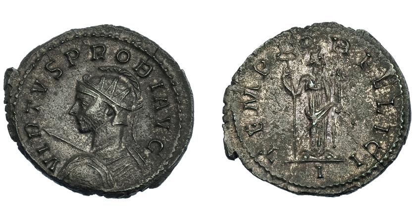 566   -  IMPERIO ROMANO. PROBO. Antoniniano. Lugdunum (277-278). A/ Busto radiado y con coraza a izq. con escudo y lanza visto de espalda. R/ Felicitas  a der. con caduceo y cornucopia; TEMPOR FELICI, en exergo I. AE 3,78 g. 23,0 mm. RIC-106. EBC.
