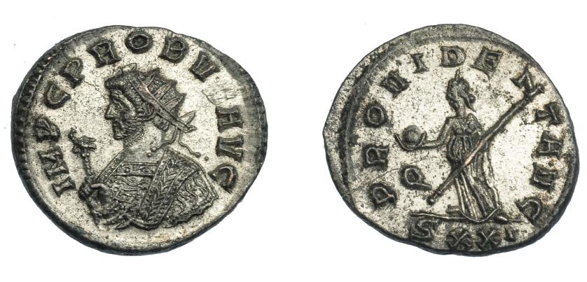 568   -  IMPERIO ROMANO. PROBO. Antoniniano. Ticinum (276-282). A/ Busto radiado y acorazado a izq. con manto y cetro rematado en águila. R/ Providentia a izq. con globo y cetro, Q/SXXI; PROVIDENT AVG. VE 4,11 g. 22,5 mm. RIC-490. P.O. EBC-.