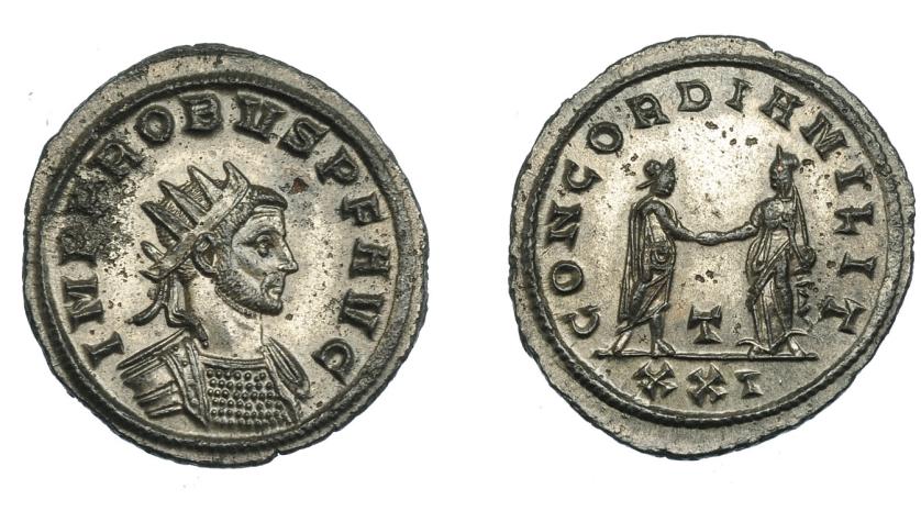 569   -  IMPERIO ROMANO. PROBO. Antoniniano. Siscia (276-282). R/ Emperador a der. dando la mano a Concordia; T/XXI; CONCORDIA MILIT. VE 3,26 g. 21,6 mm. RIC-666. Leve oxidación. P.O. EBC.
