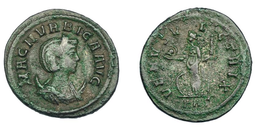 573   -  IMPERIO ROMANO. MAGNIA URBICA. Antoniniano. Roma (284-285). A/ Busto diademado y drapeado a der. R/ Venus a izq. con casco y lanza, escudo a sus pies; VENVS VICTRIX, en exergo KAS. AE 3,25 g. 22,2 mm. RIC-343. Pátina verde rugosa. MBC-/BC+. Rara.