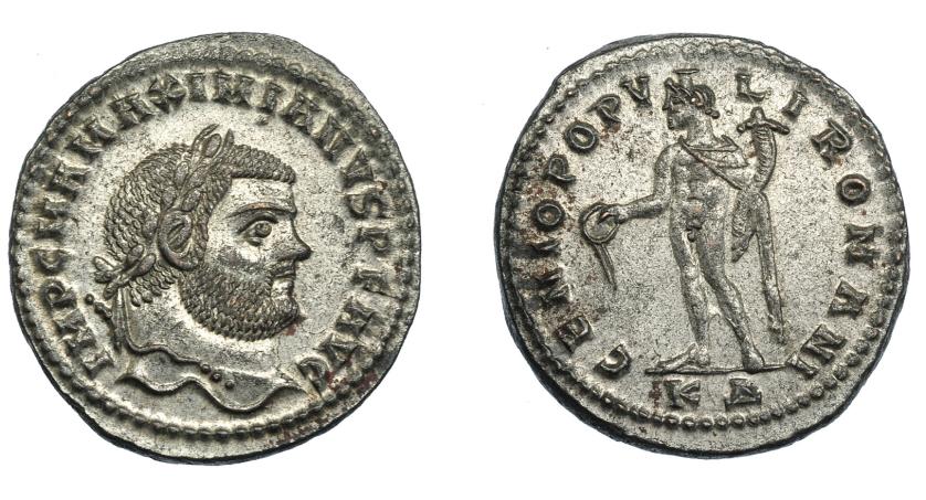 574   -  IMPERIO ROMANO. MAXIMIANO. Follis. Cyzicus (295-296). R/ Genio a izq. tocado con modio, con cornucopia y pátera de la que vierte líquido, exeergo KD (delta); GENIO POPVLI ROMANI. AE 8,41 g, 27,7 mm. RIC-10b. Pleno P.O. EBC.