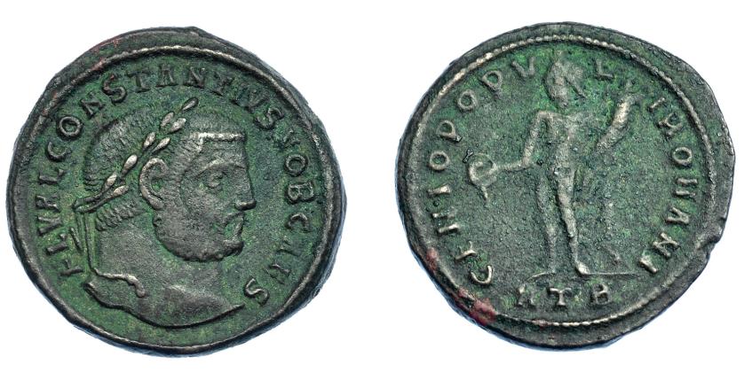 575   -  IMPERIO ROMANO. CONSTANCIO I. Follis. Heraclea (297-298). R/ Genio; GENIO POPVLI ROMANI, exergo HTB. VE 10,09 g. 27,8 mm. RIC-20. Leve capa de óxido. MBC/MBC-.