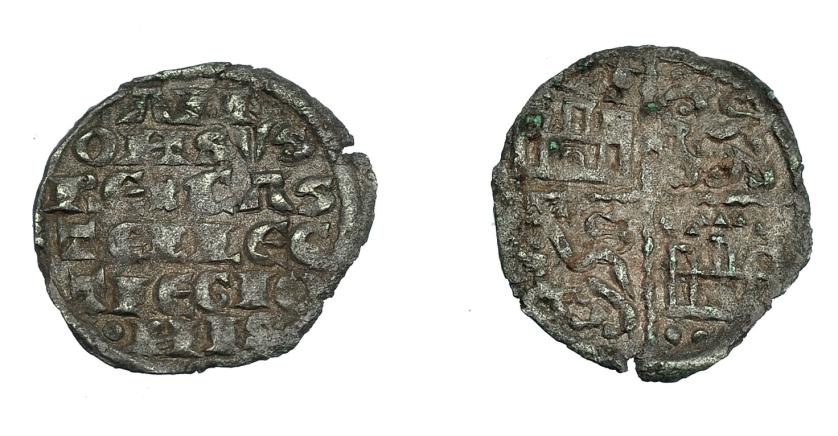 592   -  REINOS DE CASTILLA Y LEÓN. ALFONSO X. Dinero de seis líneas. Marca venera/. . VE 0,74 g. 17,3 mm. III-230.2. BMM-366.4. MBC+. Muy escasa.