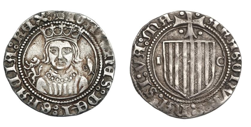 631   -  CORONA DE ARAGÓN. JUAN EL GRANDE (1458-1479). Real. Zaragoza. A/ IOANNES: DEI: GRACIA: REX:, león y pez con roel. R/ ARAGONVM: NA: SI: VA: MA. I y C. AR 3,80 g. 25,9 mm. IV-992 vte. MBC. Muy rara.