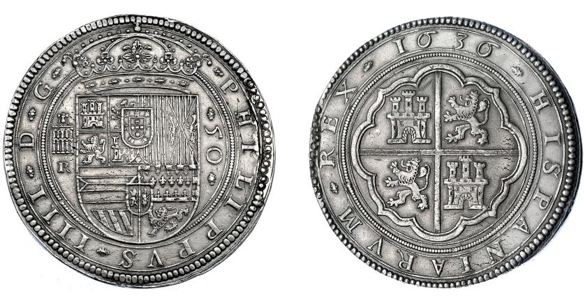 649   -  FELIPE IV. 50 reales. 1636. Segovia. R. AC-1703. Canto reparado con oro bajo posiblemente para corregir un 