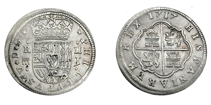 662   -  FELIPE V. 2 reales. 1717. Segovia. J. Sin puntos en rev. VI-759. AC-944. MBC+.