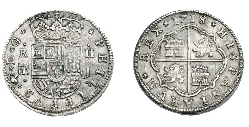 667   -  FELIPE V. 2 reales. 1718. Segovia. J. PHILIPPVS. Acueducto pequeño con flores en ley. VI-763 vte. AC-945 vte. Acuñación algo floja. MBC+.