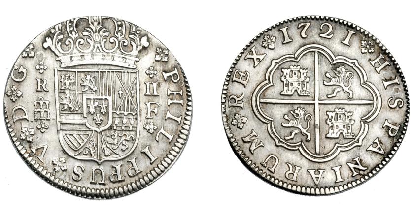 673   -  FELIPE V. 2 reales. 1721. Segovia. F. Acueducto pequeño con flores de 4 en anv. AR 4,42 g. VI-767. AC-954. MBC+.