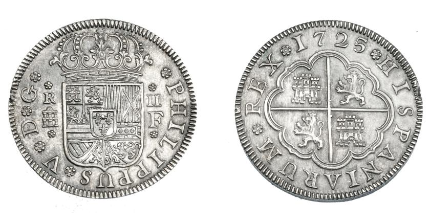 681   -  FELIPE V. 2 reales. 1725. Segovia. F. VI-771. AC-960. Pequeña falta de metal en canto. EBC+. Escasa.