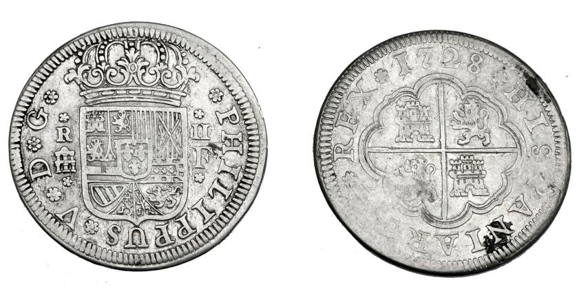 683   -  FELIPE V. 2 reales. 1728. Segovia. F. VI-773. AC-922. MBC-/BC+. Rara.