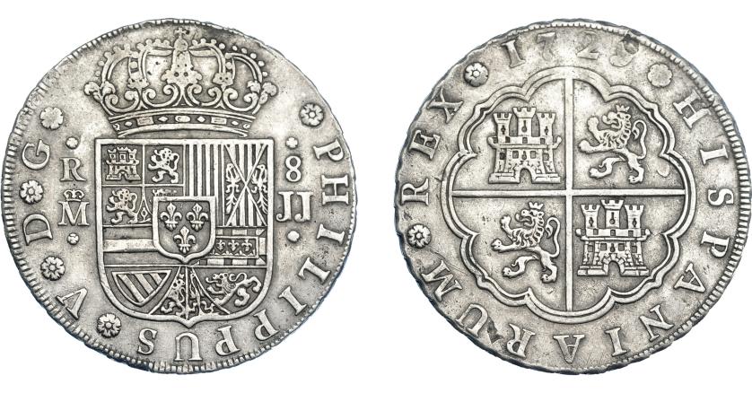 684   -  FELIPE V. 8 reales. 1729. Madrid. JJ. VI-1073. Golpecito en el 4º dígito de la fecha. MBC.