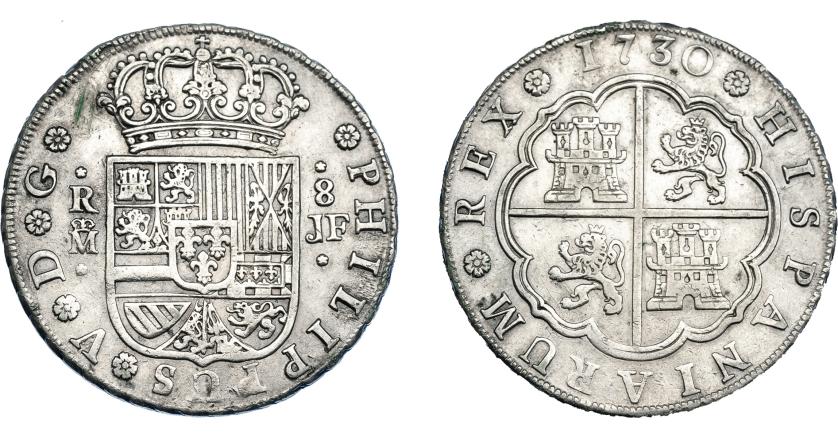 685   -  FELIPE V. 8 reales. 1730. Madrid. JF. VI-1074. Rayitas en anv. MBC.