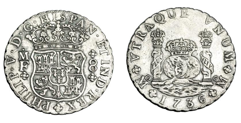 689   -  FELIPE V. 8 reales. 1736. México. MF. VI-1144. Oxidaciones limpiadas. MBC.