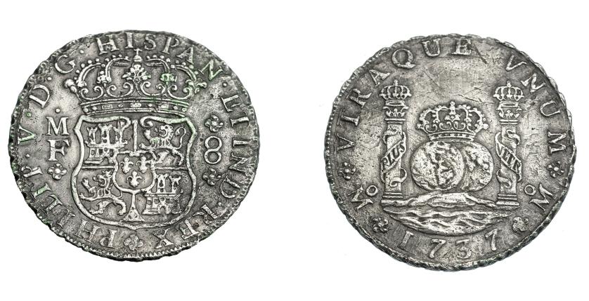 690   -  FELIPE V. 8 reales. 1737. México. MF. VI-1145. Erosiones marinas y rayas. MBC.