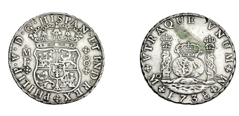 691   -  FELIPE V. 8 reales. 1738. México. MF. VI-1146. Mancha de óxido. MBC-.