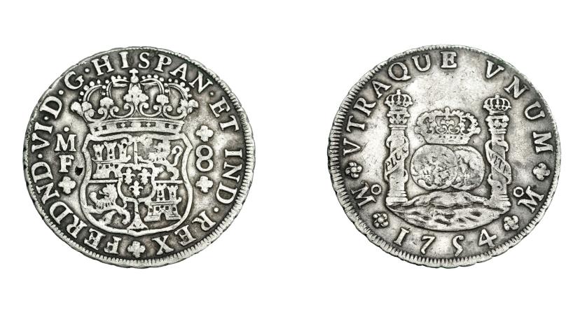 717   -  FERNANDO VI. 8 reales. 1754. México. MF. Coronas reales. VI-362. hojita en anv. MBC-.