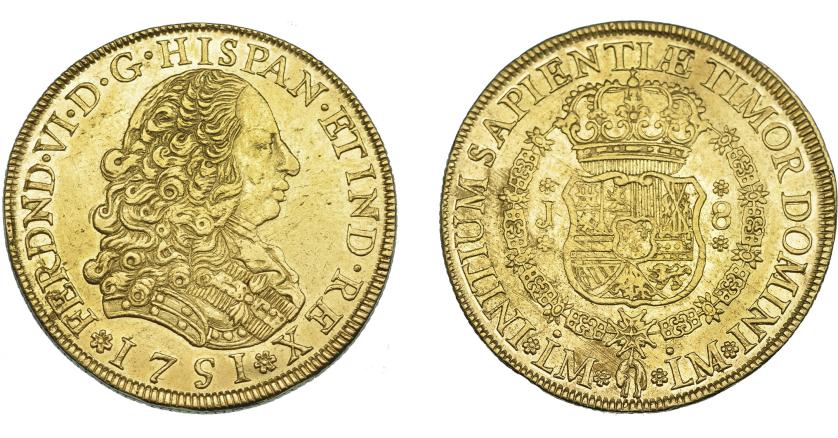 742   -  FERNANDO VI. 8 escudos. 1751. Lima J. VI-583. Pequeñas marcas y rayitas de ajuste. EBC-.