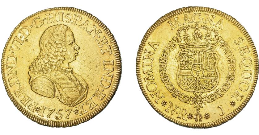 743   -  FERNANDO VI. 8 escudos. 1757. Nuevo Reino. J. VI-623. Pequeñas marcas. R.B.O. MBC+.